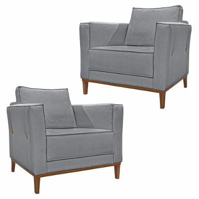 Kit 2 Poltronas Decorativas Pés Em Madeira Tarantino Linho Cinza G63 - Gran Belo