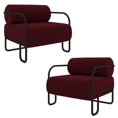 Kit 2 Poltronas Decorativas Sala De Estar Polatsk Base Industrial De Ferro Veludo Bordô G33 - Gran Belo