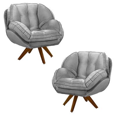 Kit 2 Poltronas Decorativas Base Em Madeira Giratória Giroud Veludo Cinza G33 - Gran Belo