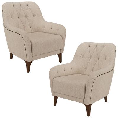 Kit 2 Poltronas Decorativas Pés Em Madeira Petra Linho Cru G45 - Gran Belo