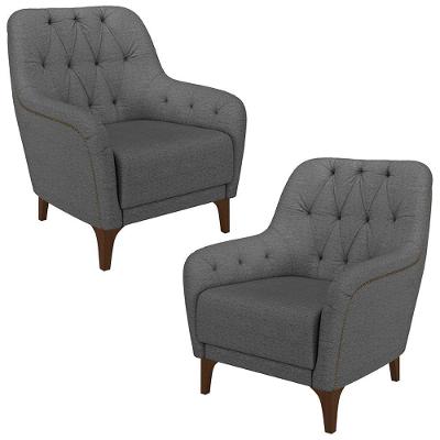 Kit 2 Poltronas Decorativas Pés Em Madeira Petra Linho Chumbo G45 - Gran Belo