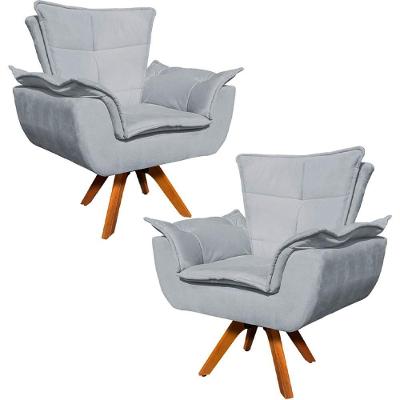 Kit 2 Poltronas Decorativas Base Giratória Em Madeira Charger Suede Cinza G19 - Gran Belo