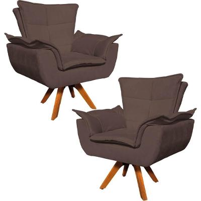 Kit 2 Poltronas Decorativas Base Giratória Em Madeira Charger Suede Marrom G19 - Gran Belo