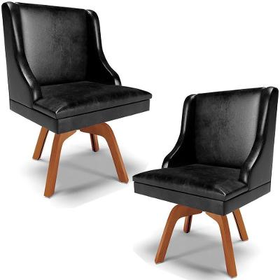 Kit 2 Poltronas Decorativas Base Giratória De Madeira Firenze Pu Preto Brilho/natural G19 - Gran Belo