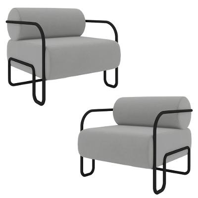 Kit 2 Poltronas Decorativas Sala De Estar Polatsk Base Industrial De Ferro Veludo Cinza Claro G33 - Gran Belo
