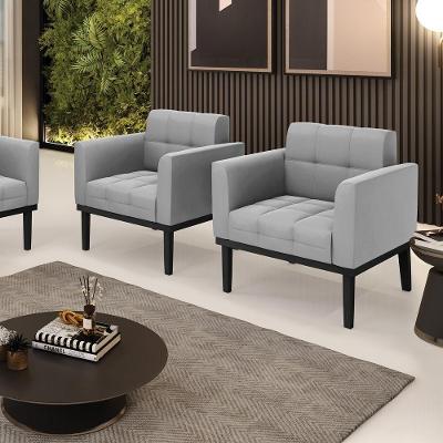 Kit 2 Poltronas Decorativas Karen Pés Fixo Em Madeira Preto Suede Cinza G19 - Gran Belo