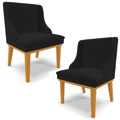 Kit 2 Poltronas Decorativas Base Fixa De Madeira Firenze Linho Preto/castanho G19 - Gran Belo