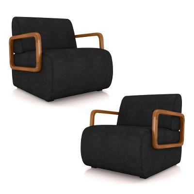 Kit 2 Poltronas Decorativa Sala De Estar Odessa Braços Em Madeira Pu Preto G33 - Gran Belo