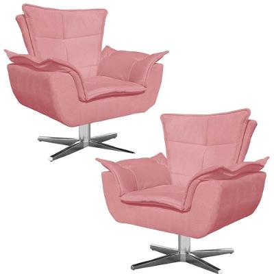 Kit 2 Poltronas Decorativas Base Giratória Cromada Charger Suede Rosê G19 - Gran Belo