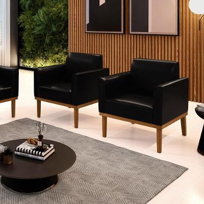 Kit 2 Poltronas Decorativas Isabella Pés Fixo Em Madeira Castanho Pu Preto Brilho G19 - Gran Belo