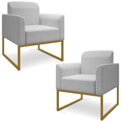 Kit 2 Poltronas Decorativas Isabella Base Industrial Linho Cinza/dourado G19