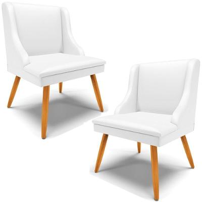 Kit 2 Poltronas Decorativas Pés Palito De Madeira Firenze Pu Branco Fosco/natural G19 - Gran Belo