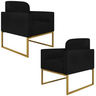 Kit 2 Poltronas Decorativas Isabella Base Industrial Suede Preto/dourado G19