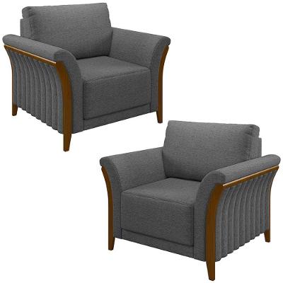 Kit 2 Poltronas Decorativas Pés Em Madeira Market Linho Chumbo G45 - Gran Belo