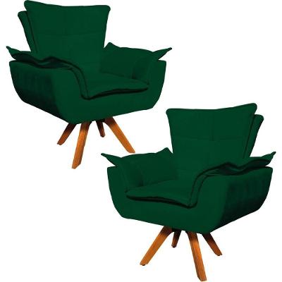 Kit 2 Poltronas Decorativas Base Giratória Em Madeira Charger Suede Verde G19 - Gran Belo