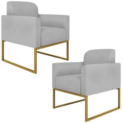 Kit 2 Poltronas Decorativas Isabella Base Industrial Suede Cinza/dourado G19