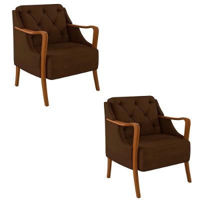Kit 2 Poltronas Decorativas Braços Em Madeira Hand Veludo Marrom G45 - Gran Belo