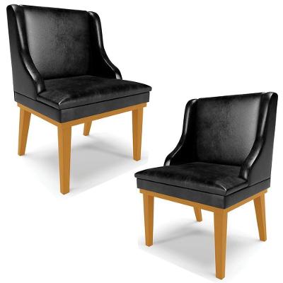 Kit 2 Poltronas Decorativas Base Fixa De Madeira Firenze Pu Preto Brilho/castanho G19 - Gran Belo