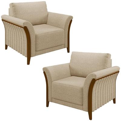Kit 2 Poltronas Decorativas Pés Em Madeira Market Linho Bege G45 - Gran Belo