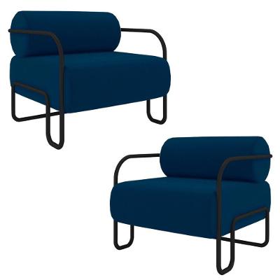 Kit 2 Poltronas Decorativas Sala De Estar Polatsk Base Industrial De Ferro Veludo Azul G33 - Gran Belo