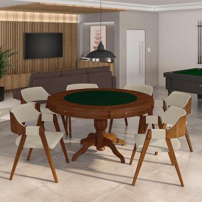 Mesa De Jogos Carteado Bellagio Tampo Reversível Verde E 6 Cadeiras Madeira Poker Base Estrela Linho Offwhite/imbuia