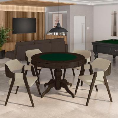 Mesa De Jogos Carteado Bellagio Tampo Reversível Verde E 4 Cadeiras Madeira Poker Base Estrela Linho Offwhite/capuccino