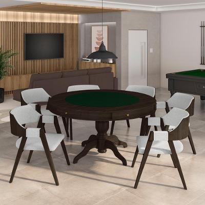 Mesa De Jogos Carteado Bellagio Tampo Reversível Verde E 6 Cadeiras Madeira Poker Base Estrela Linho Cinza/capuccino