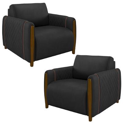 Kit 2 Poltronas Decorativas Pés Madeira Maceió Pu Preto G45 - Gran Belo