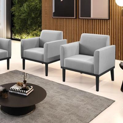 Kit 2 Poltronas Decorativas Isabella Pés Fixo Em Madeira Preto Suede Cinza G19 - Gran Belo