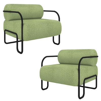 Kit 2 Poltronas Decorativas Sala De Estar Polatsk Base Industrial De Ferro Bouclê Verde Oliva G33 - Gran Belo