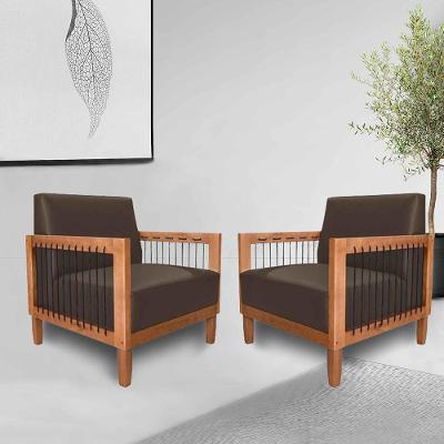 Kit 2 Poltronas Sala De Estar Pés Madeira Maciça Corda Náutica Preta 75cm Manila Pu Marrom G63 - Gran Belo