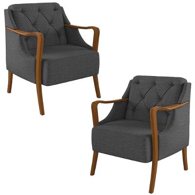 Kit 2 Poltronas Decorativas Braços Em Madeira Hand Linho Chumbo G45 - Gran Belo