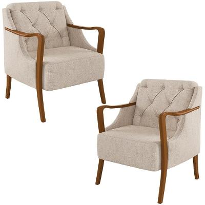 Kit 2 Poltronas Decorativas Braços Em Madeira Hand Linho Bege G45 - Gran Belo