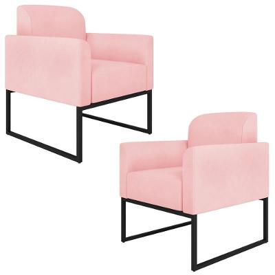 Kit 2 Poltronas Decorativas Isabella Base Industrial Suede Rosa Bebê/preto G19