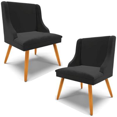 Kit 2 Poltronas Decorativas Pés Palito De Madeira Firenze Veludo Preto/natural G19 - Gran Belo