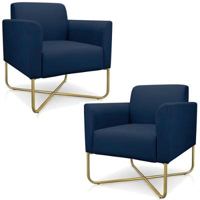 Kit 2 Poltronas Decorativas Isabella Base X Suede Azul Marinho/dourado G19 - Gran Belo