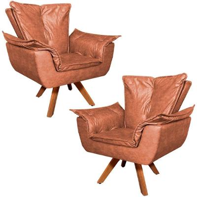 Kit 2 Poltronas Decorativas Base Giratória Em Madeira Charger Pu Marrom G19 - Gran Belo
