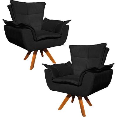 Kit 2 Poltronas Decorativas Base Giratória Em Madeira Charger Suede Preto G19 - Gran Belo