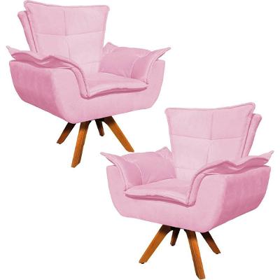 Kit 2 Poltronas Decorativas Base Giratória Em Madeira Charger Suede Rosa G19 - Gran Belo
