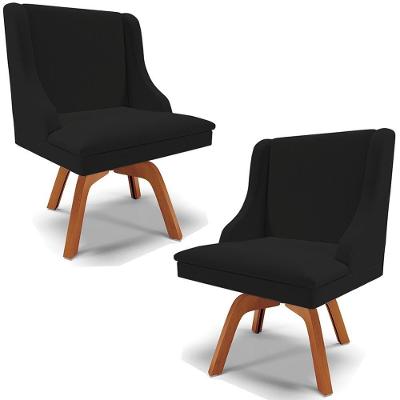 Kit 2 Poltronas Decorativas Base Giratória De Madeira Firenze Linho Preto/natural G19 - Gran Belo