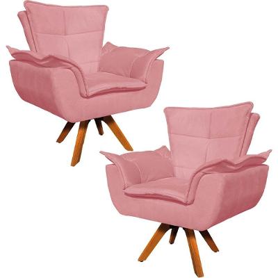 Kit 2 Poltronas Decorativas Base Giratória Em Madeira Charger Suede Rosê G19 - Gran Belo