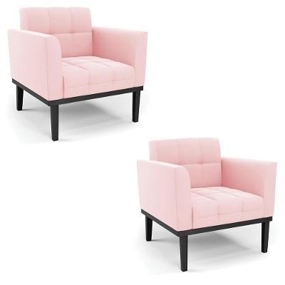 Kit 2 Poltronas Decorativas Karen Pés Fixo Em Madeira Preto Suede Rosa Bebê G19 - Gran Belo