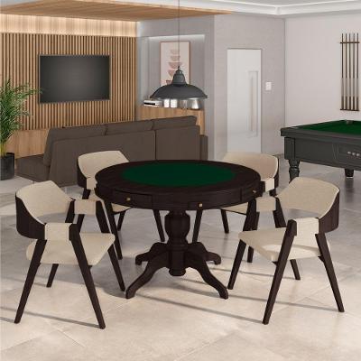 Mesa De Jogos Carteado Bellagio Tampo Reversível Verde E 4 Cadeiras Madeira Poker Base Estrela Linho Offwhite/tabaco