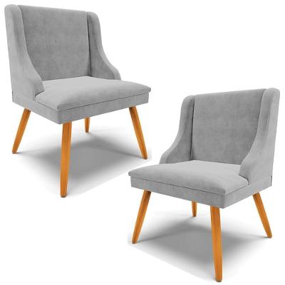 Kit 2 Poltronas Decorativas Pés Palito De Madeira Firenze Suede Cinza/natural G19 - Gran Belo