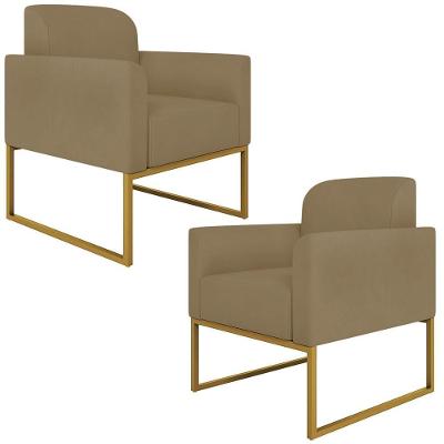 Kit 2 Poltronas Decorativas Isabella Base Industrial Suede Nude/dourado G19
