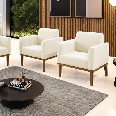 Kit 2 Poltronas Decorativas Isabella Pés Fixo Em Madeira Castanho Veludo Bege G19 - Gran Belo