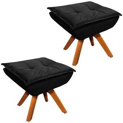 Kit 2 Puff's Decorativos Base Giratória Em Madeira Charger Suede Preto G19 - Gran Belo