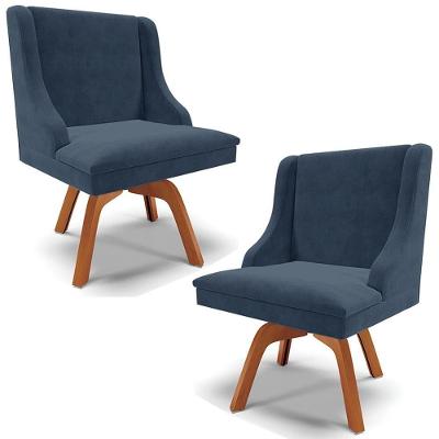 Kit 2 Poltronas Decorativas Base Giratória De Madeira Firenze Suede Azul Marinho/natural G19 - Gran Belo