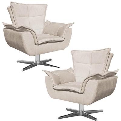 Kit 2 Poltronas Decorativas Base Giratória Cromada Charger Suede Bege G19 - Gran Belo