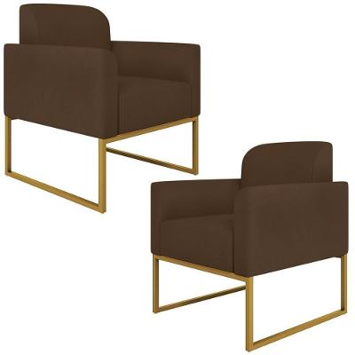 Kit 2 Poltronas Decorativas Isabella Base Industrial Suede Marrom/dourado G19